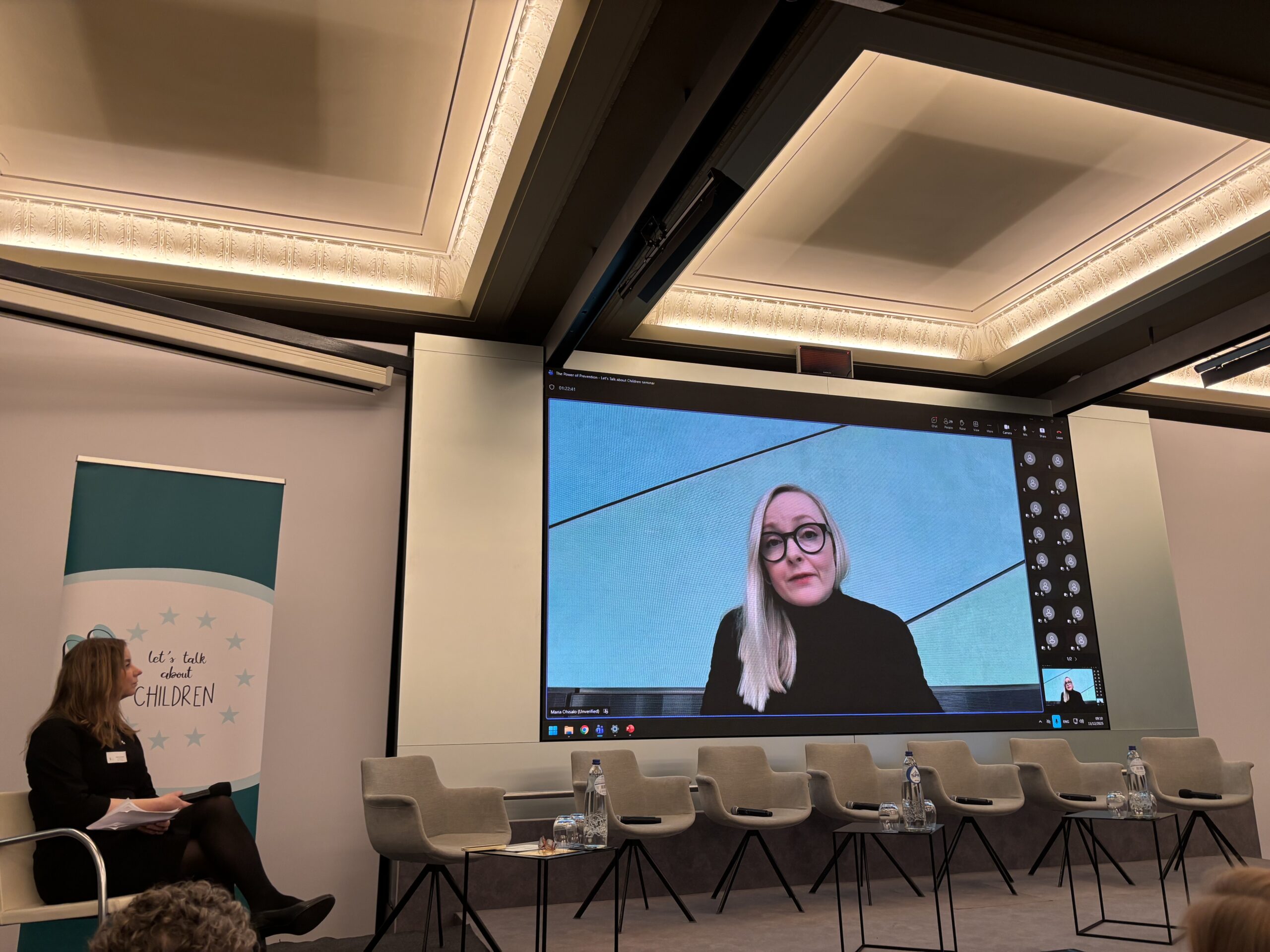 Picture of the seminar venue, where MEP Maria Ohisalo is giving a speech via Teams.